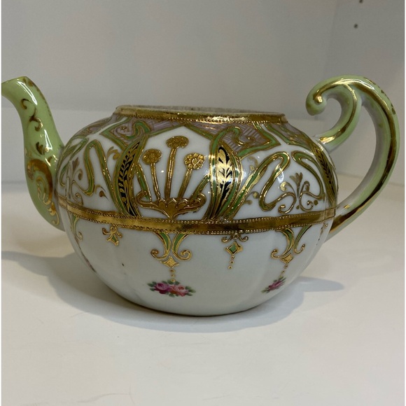 EUC Antique Nippon Hand Painted Moriage Style Teapot Gold Green Pink Black - Picture 3 of 13